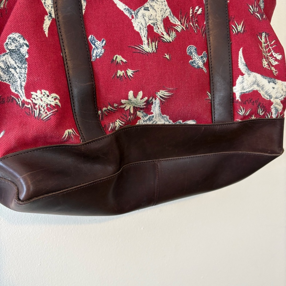 Vintage LL Bean red cotton canvas and leather hunting dog toile print tote bag - Picture 7 of 13